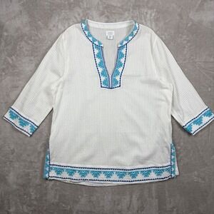 Sigrid Olsen Tunic Top Womens XL White Embroidered Cotton 3/4 Sleeve Boho Beachy